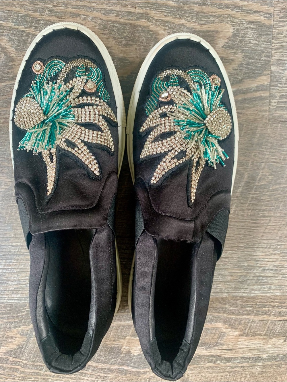 Black Slip-On Women's Sneakers with Teal Beaded Embellishment